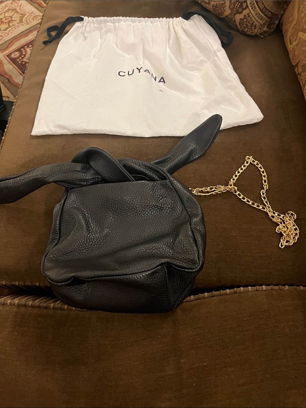 Cuyana Black Pebbled Leather Knot Mini Bag with Gold Chain Strap